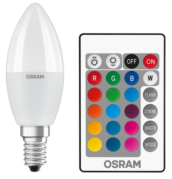 Лампа світлодіодна Osram Led E14 4.5W 2700К+RGB 470Lm В40 + пульт ДУ (4058075430853) фото 2 Лампа світлодіодна Osram Led E14 4.5W 2700К+RGB 470Lm В40 + пульт ДУ (4058075430853) фото 2