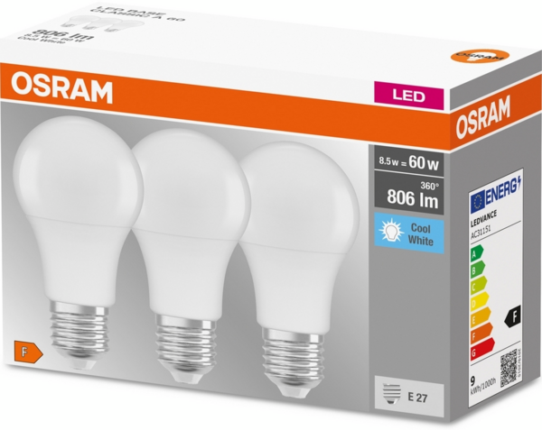 Набір ламп 3шт Osram Led E27 8.5Вт 4000К 806Лм A60 (4058075127531) фото 5