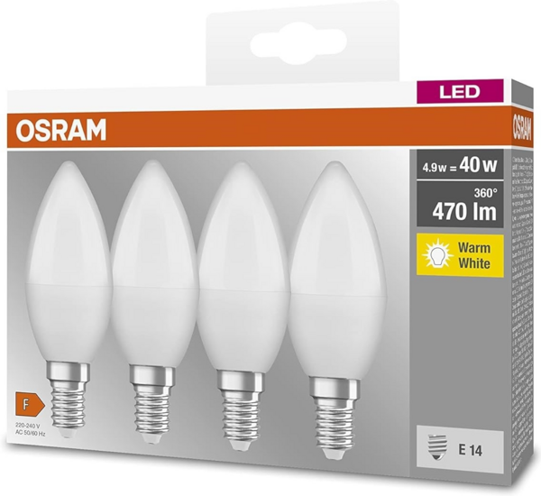 Набір ламп 4шт Osram Led E14 4.9Вт 2700К 470Лм B40 (4058075819474) фото 3 Набір ламп 4шт Osram Led E14 4.9Вт 2700К 470Лм B40 (4058075819474) фото 3