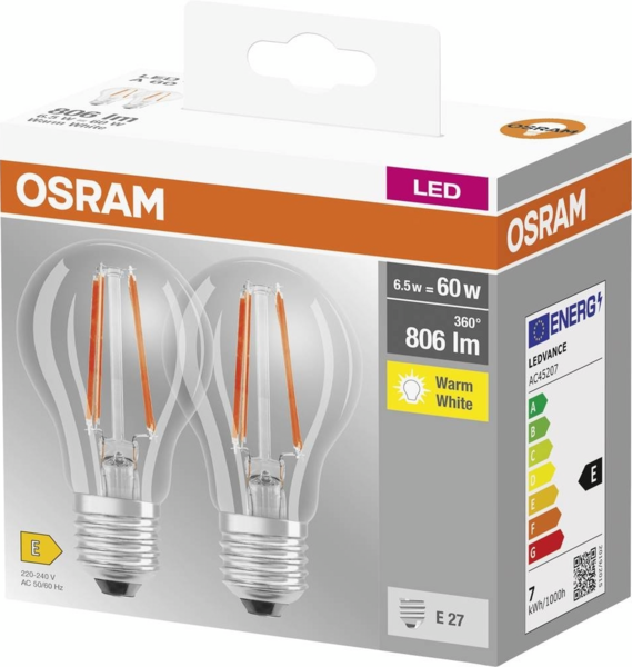 Набір ламп 2шт Osram Led E27 6.5Вт 2700К 806Лм A60 (4099854064098) фото 2 Набір ламп 2шт Osram Led E27 6.5Вт 2700К 806Лм A60 (4099854064098) фото 2