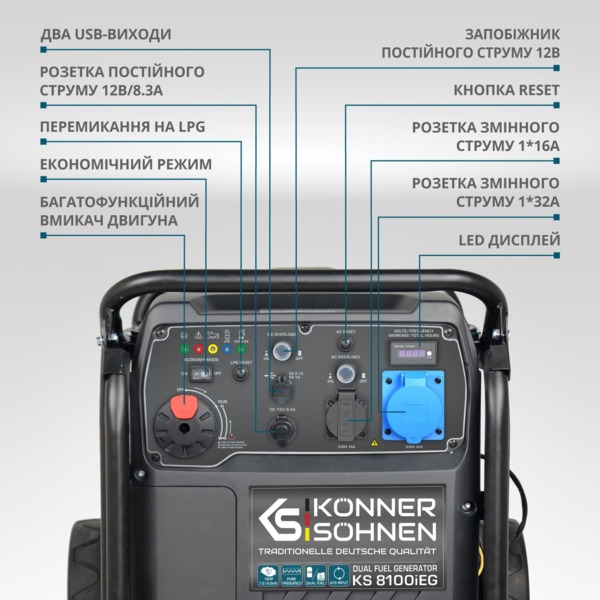 Генератор газо-бензиновий інверторний Konner&Sohnen KS8100IEG, 230В,
8кВт(KS8100IEG) фото 3 Генератор газо-бензиновий інверторний Konner&Sohnen KS8100IEG, 230В,
8кВт(KS8100IEG) фото 3