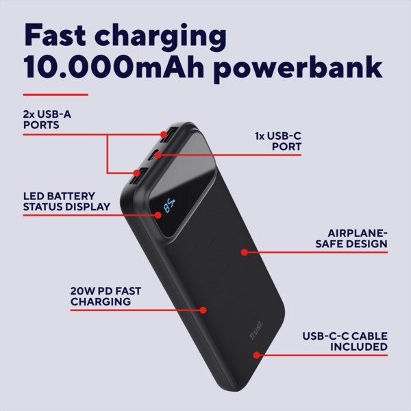 Портативний зарядний пристрій Trust Avala 10000mAh 20W Black (25882_TRUST) фото 6 Портативний зарядний пристрій Trust Avala 10000mAh 20W Black (25882_TRUST) фото 6