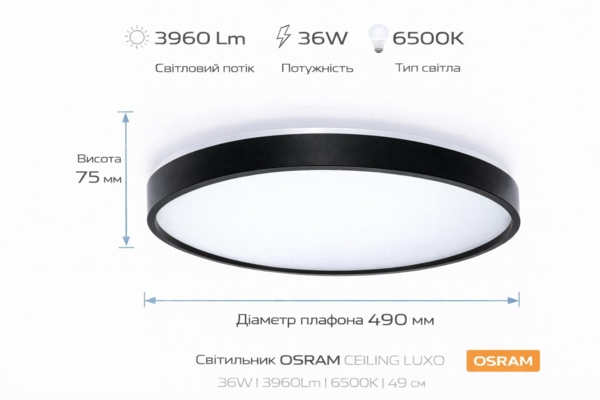 Світильник Osram Ceiling Luxo 36 Вт, 6500 К, чорний (4099854651533) фото 5 Світильник Osram Ceiling Luxo 36 Вт, 6500 К, чорний (4099854651533) фото 5