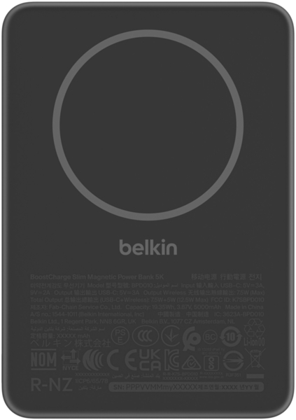 Портативний акумулятор літій-іонний Power Bank Belkin 5000мА·год Slim Magnetic
чорний (BPD010HQBK) 