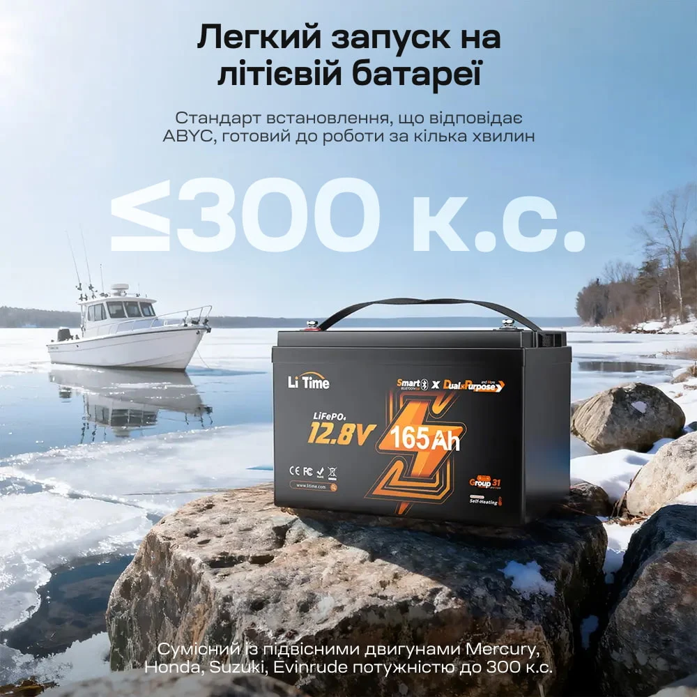 Акумуляторна батарея літій-залізо-фосфатна з Bluetooth та підігрівом стартерна / тягова 12.8В 165А*год LiFePO4 LiTime Dual Purpose L12V165-150-DP-BT-CCA1K2-4-A100 фото 10 Акумуляторна батарея літій-залізо-фосфатна з Bluetooth та підігрівом стартерна / тягова 12.8В 165А*год LiFePO4 LiTime Dual Purpose L12V165-150-DP-BT-CCA1K2-4-A100 фото 10