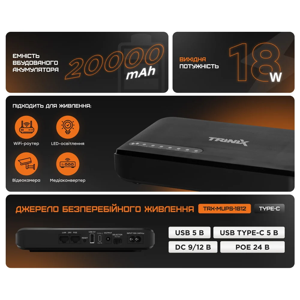 Джерело безперебійного живлення DC UPS Trinix TRX-MUPS-1812 Type-C (20000mAh LiFePo4) 5V/9V/12V/24V/PoE, LiFePo4 4*5Ah, для роутера і медіаконвертера фото 2