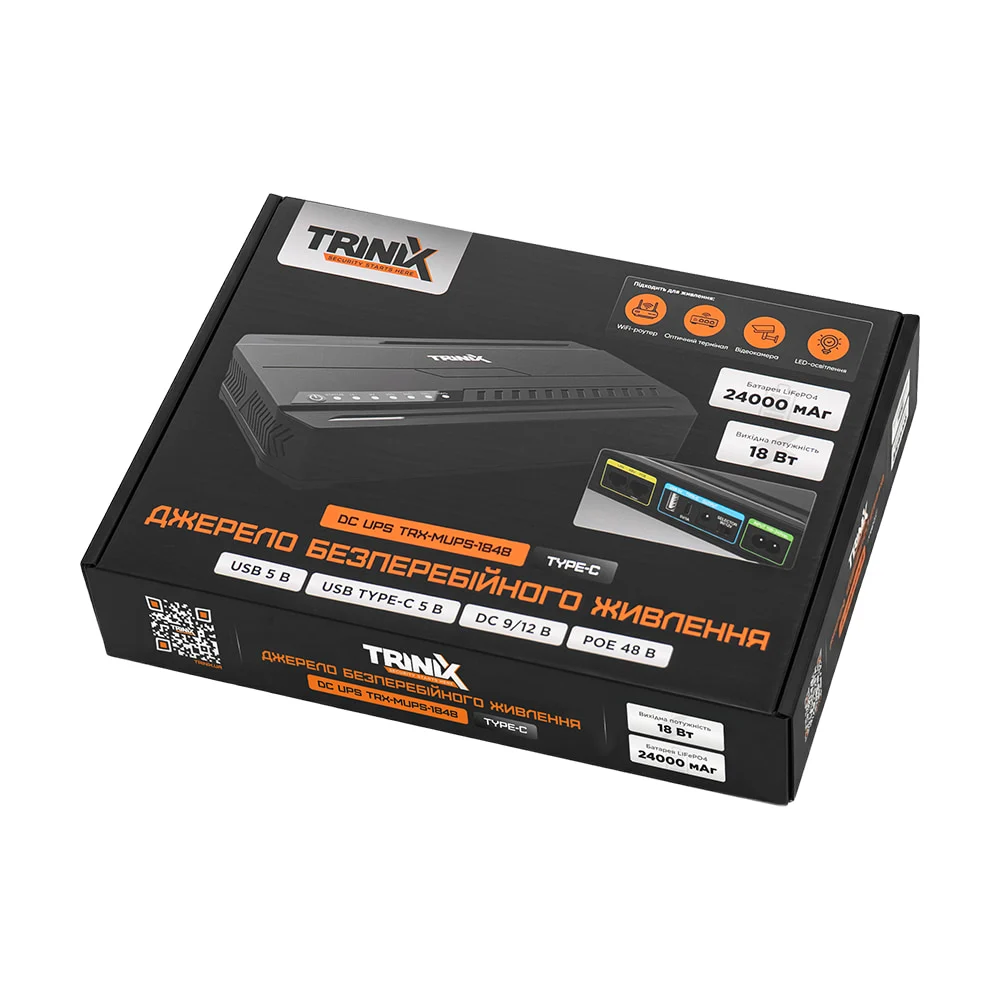 Джерело безперебійного живлення DC UPS Trinix TRX-MUPS-1848 Type-C (24000mAh LiFePo4) 5V/9V/12V/48V/PoE, LiFePo4 4*6Ah, для роутера і медіаконвертера фото 9