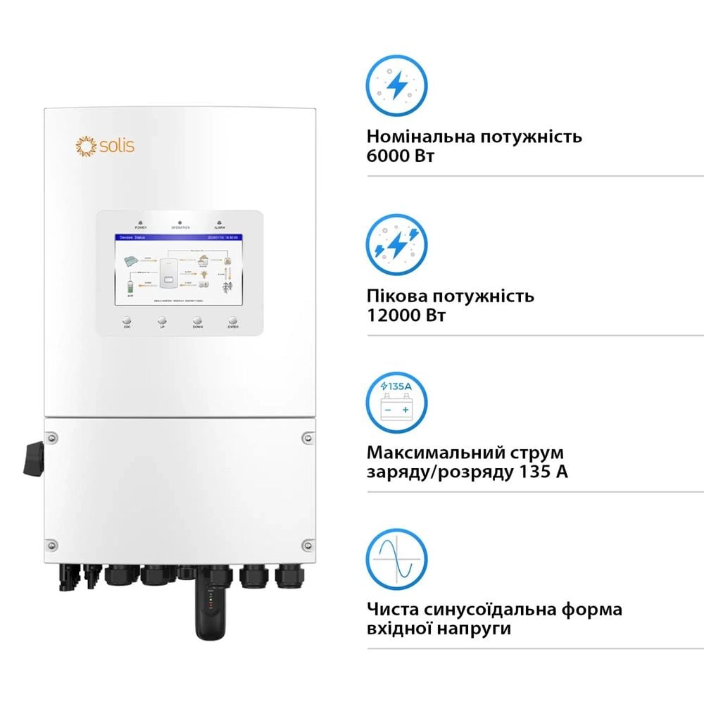 Гібридний однофазний інвертор 6kW Solis S6-EH1P6K-L-PLUS 48V WiFi 2 MPPT фото 2