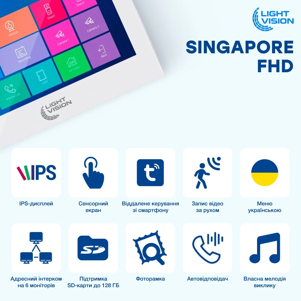 Комплект відеодомофона Light Vision: домофон 10" SINGAPORE (AI) FHD White та відеопанель RIO FHD Gold фото 5 Комплект відеодомофона Light Vision: домофон 10" SINGAPORE (AI) FHD White та відеопанель RIO FHD Gold фото 5