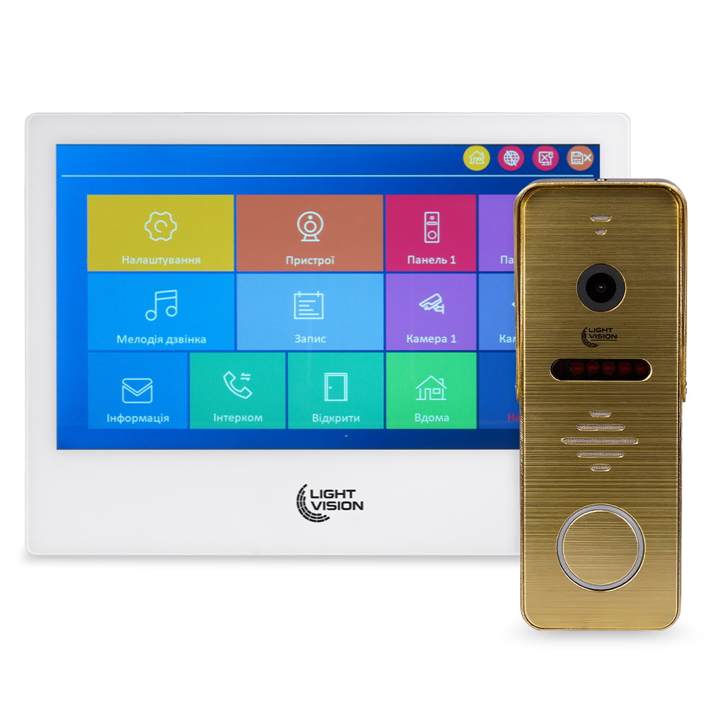 Комплект відеодомофона Light Vision: домофон 10" SINGAPORE (AI) FHD White та відеопанель RIO FHD Gold Комплект відеодомофона Light Vision: домофон 10" SINGAPORE (AI) FHD White та відеопанель RIO FHD Gold