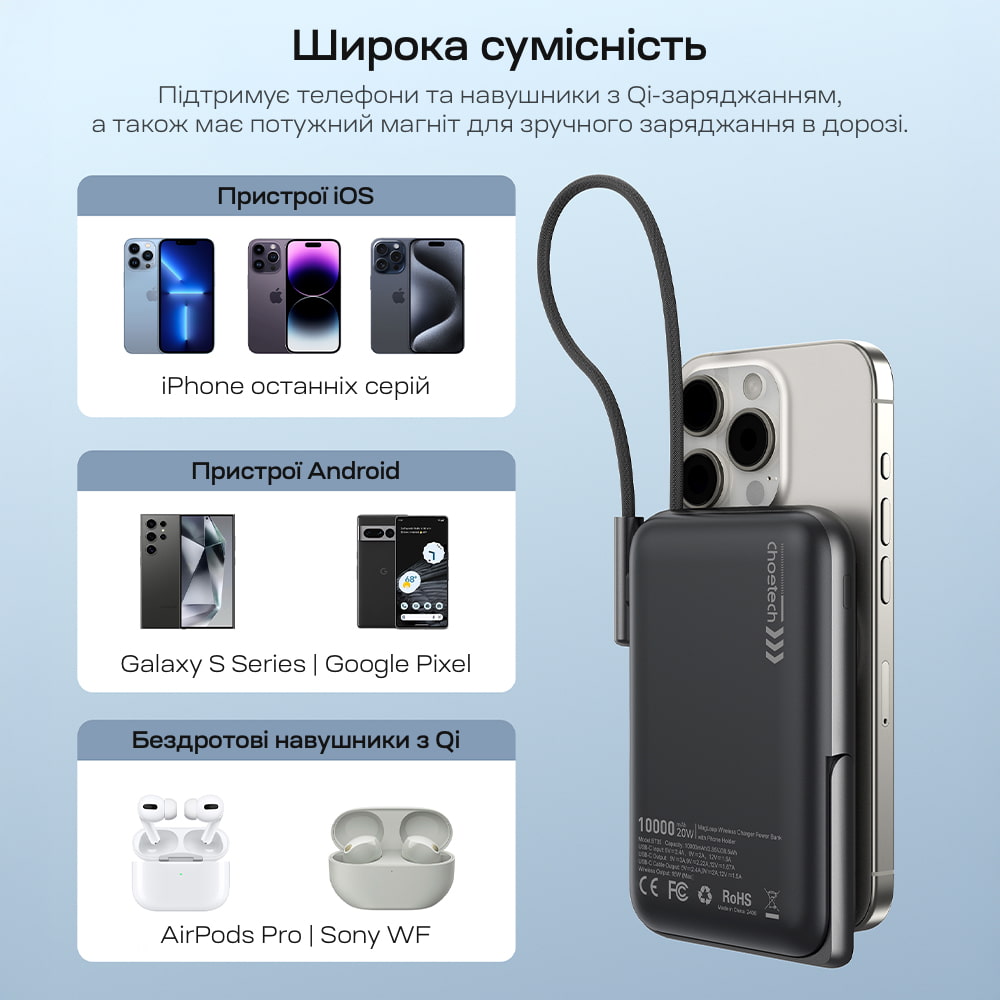 Повербанк 10000mAh Choetech B735 Black QC3.0 PD3.0 бездротова магнітна зарядка, вбудований кабель, підставка фото 7