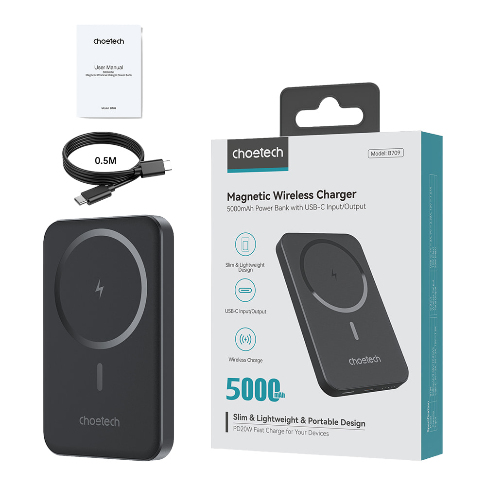 Повербанк 5000mAh Choetech B709 Black PD3.0 бездротова магнітна зарядка фото 3 Повербанк 5000mAh Choetech B709 Black PD3.0 бездротова магнітна зарядка фото 3