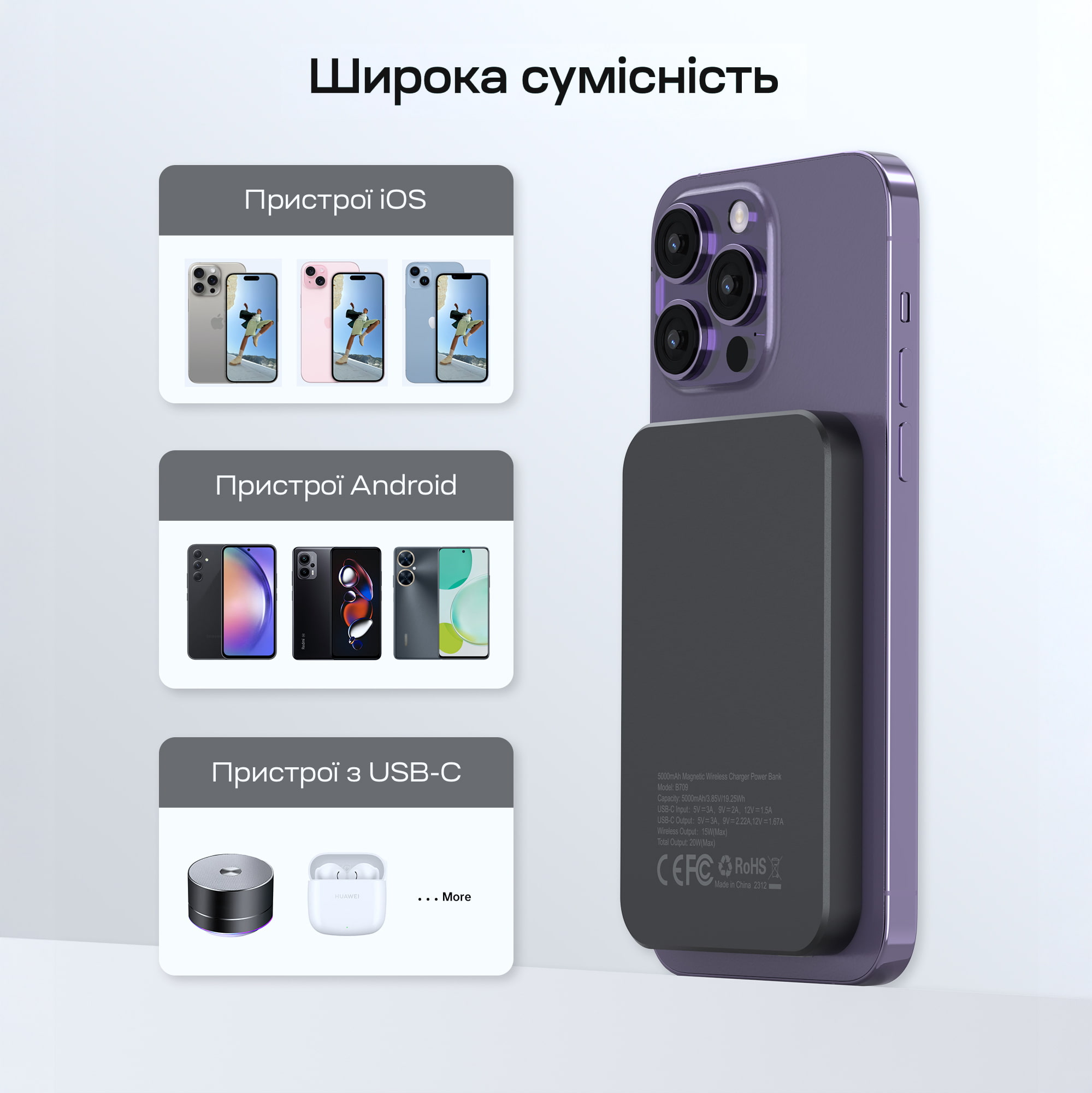 Повербанк 5000mAh Choetech B709 Black PD3.0 бездротова магнітна зарядка фото 10 Повербанк 5000mAh Choetech B709 Black PD3.0 бездротова магнітна зарядка фото 10