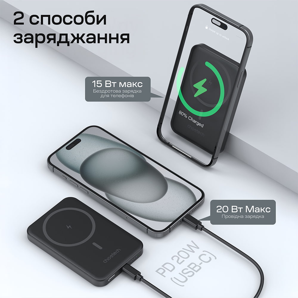 Повербанк 5000mAh Choetech B709 Black PD3.0 бездротова магнітна зарядка фото 8 Повербанк 5000mAh Choetech B709 Black PD3.0 бездротова магнітна зарядка фото 8