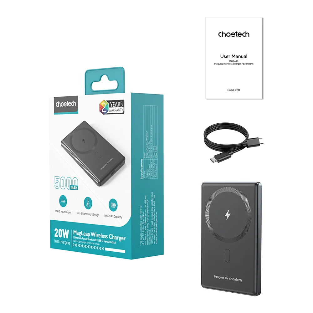Повербанк 5000mAh Choetech B738 Black QC3.0 PD3.0 бездротова магнітна зарядка фото 9