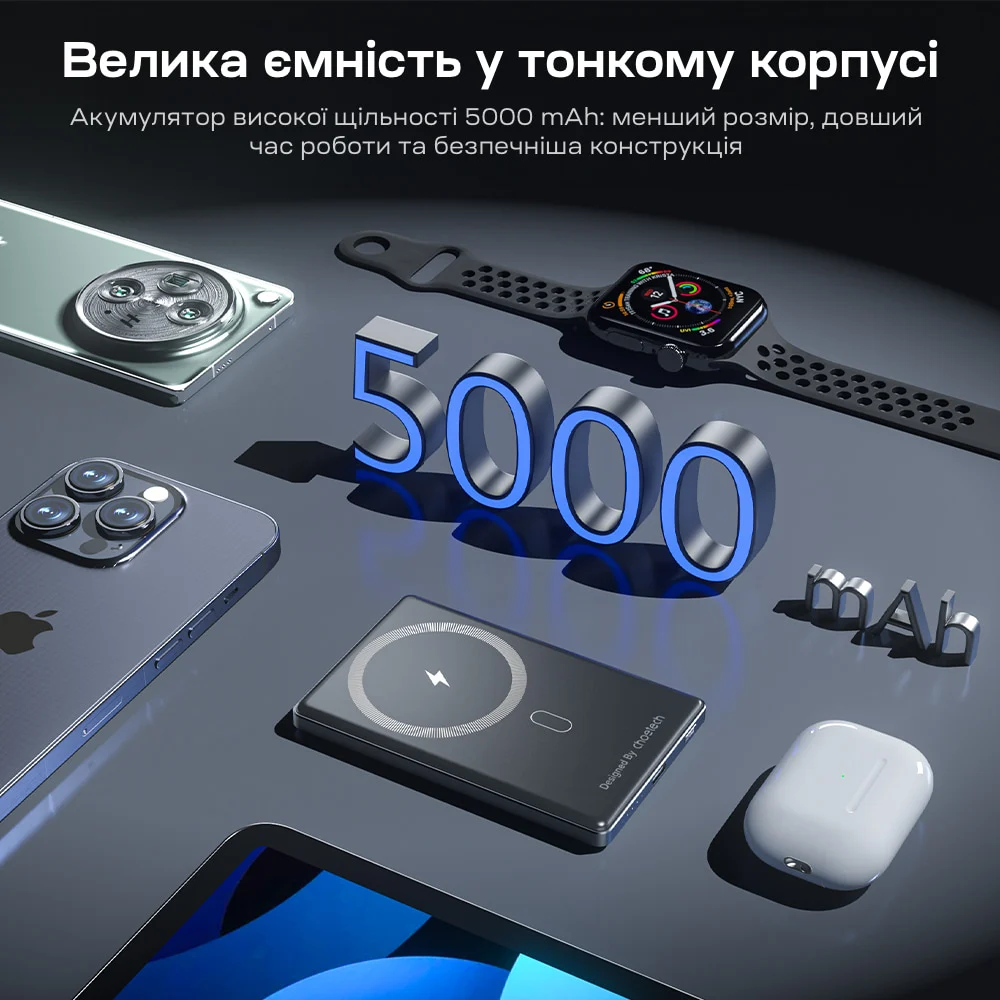 Повербанк 5000mAh Choetech B738 Black QC3.0 PD3.0 бездротова магнітна зарядка фото 5