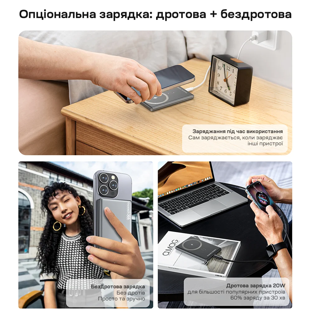 Повербанк 5000mAh Choetech B738 Black QC3.0 PD3.0 бездротова магнітна зарядка фото 11