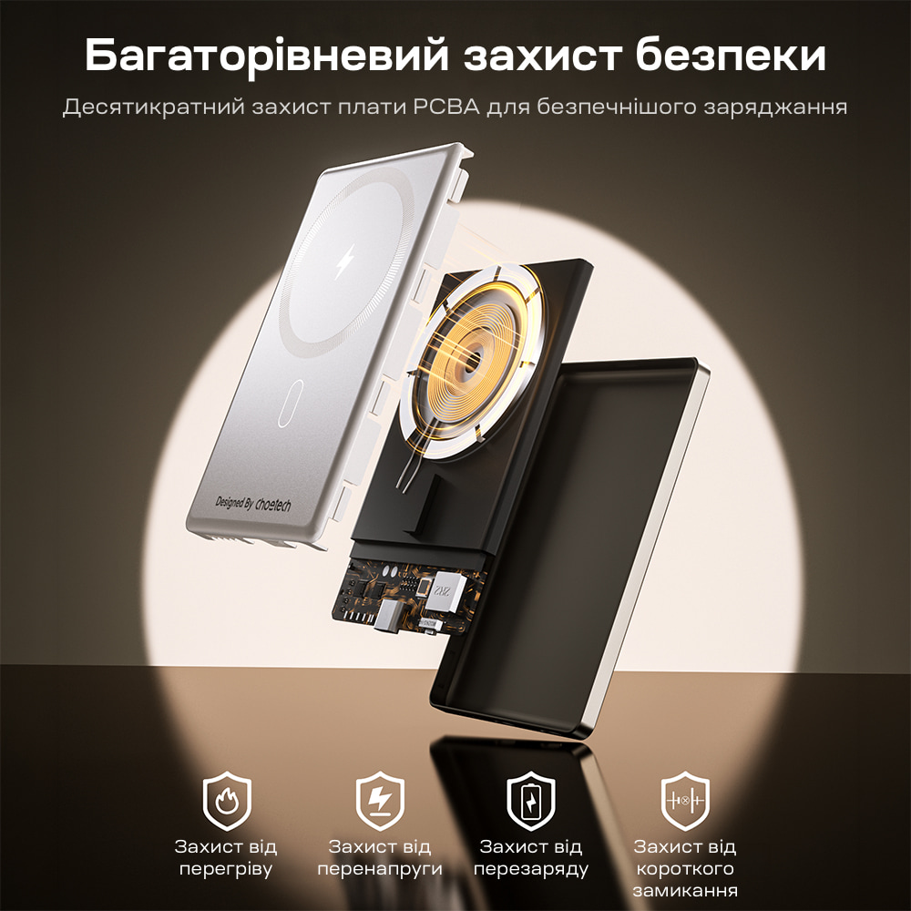 Повербанк 5000mAh Choetech B738 White QC3.0 PD3.0 бездротова магнітна зарядка фото 7