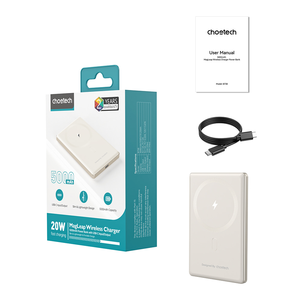 Повербанк 5000mAh Choetech B738 White QC3.0 PD3.0 бездротова магнітна зарядка фото 6