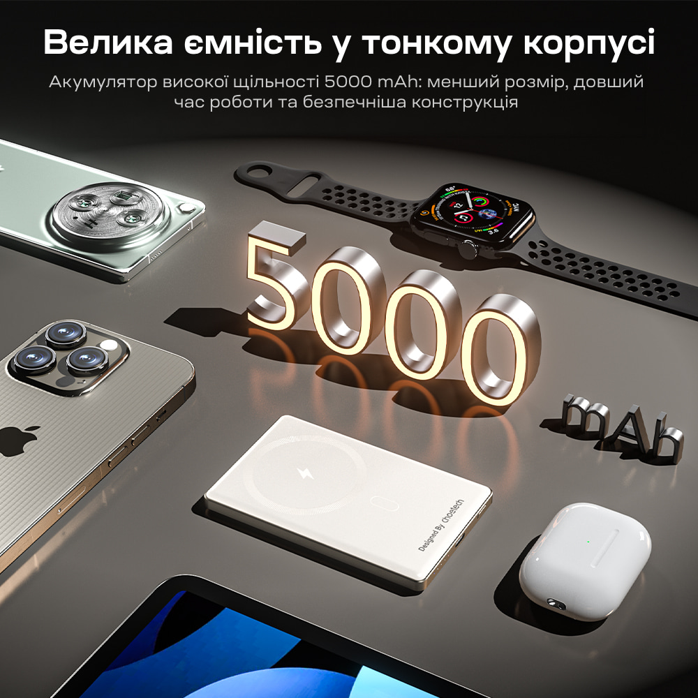 Повербанк 5000mAh Choetech B738 White QC3.0 PD3.0 бездротова магнітна зарядка фото 10
