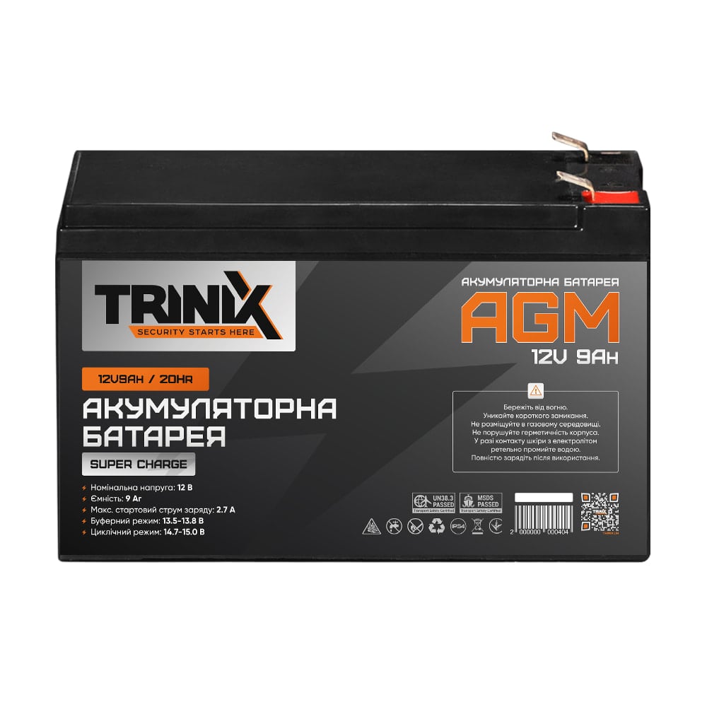 Trinix 12V9Ah/20Hr Super Charge AGM Акумуляторна батарея 12В 9Аг свинцево-кислотна фото 2
